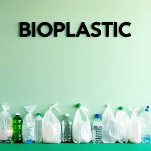 A minimalistic image with only a few plastic bags and bottles on the bottom line of the image and the word BIOPLASTIC in captical letters above green white and grey color pallette-1